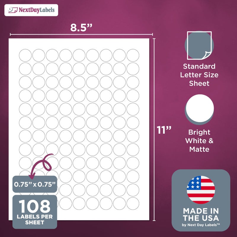 NextDayLabels 0.75 Inch Round Circle Stickers White for Bleeds Laser Inkjet - 108 Per Sheet Self-Adhesive Color Coding Inventory Labels Made in USA - 2700 Labels - Image 2